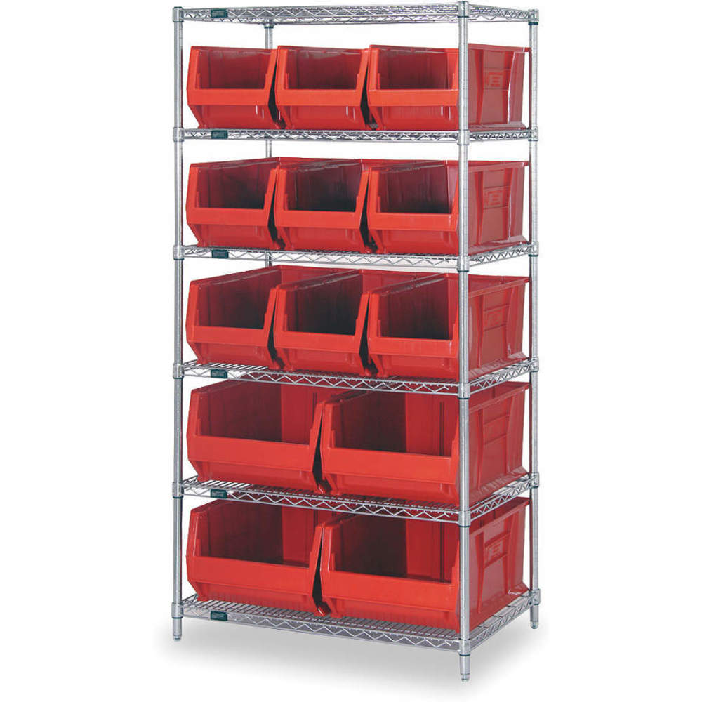 Chrome Wire Shelving with Hopper Bins - Red - 30 x 36 x 74 in. - Heavy-Duty
