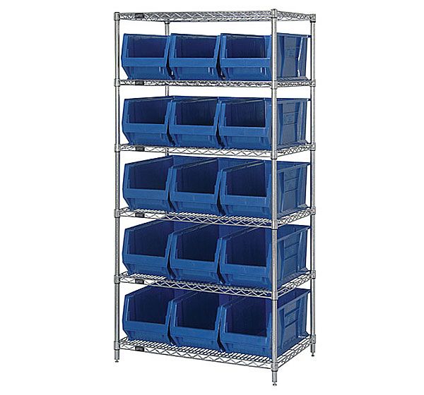 268911BL WR6-973 Chrome wire Shelving with 15 30 in. Hopper Bins, Blue - 30 x 36 x 74 in.