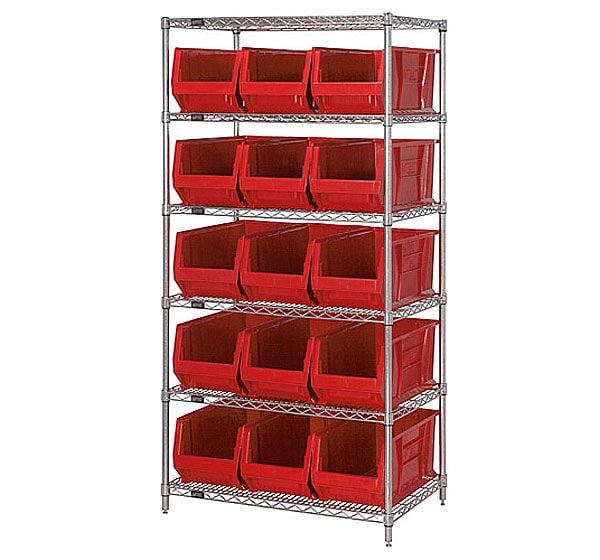 268911RD WR6-973 Chrome wire Shelving with 15 30 in. Hopper Bins, Red - 30 x 36 x 74 in.