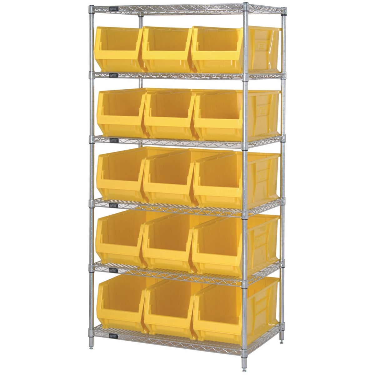 268911YL WR6-973 Chrome wire Shelving with 15 30 in. Hopper Bins, Yellow - 30 x 36 x 74 in.