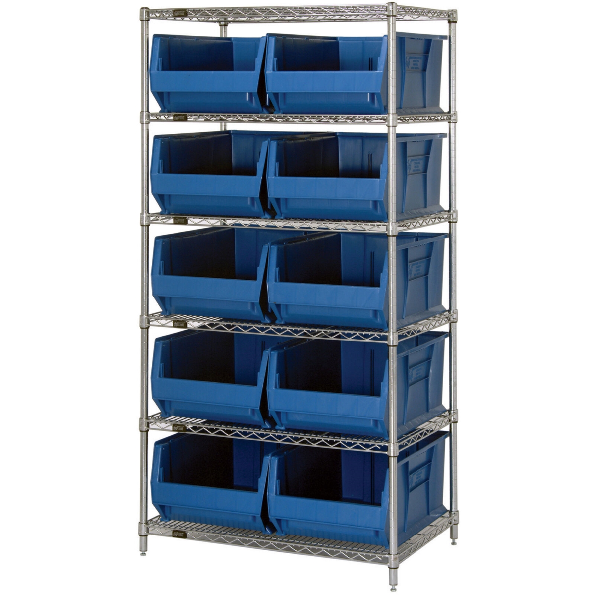 WR6-974BL Chrome Wire Shelving with 10 30 in. Bins - Blue - 36 x 30 x 74 in.