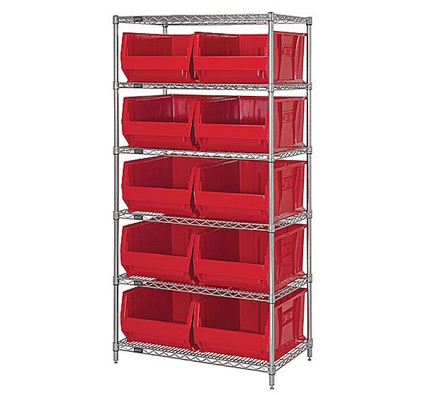WR6-974RD Chrome Wire Shelving with 10 30 in. Bins, Red - 36 x 30 x 74 in.