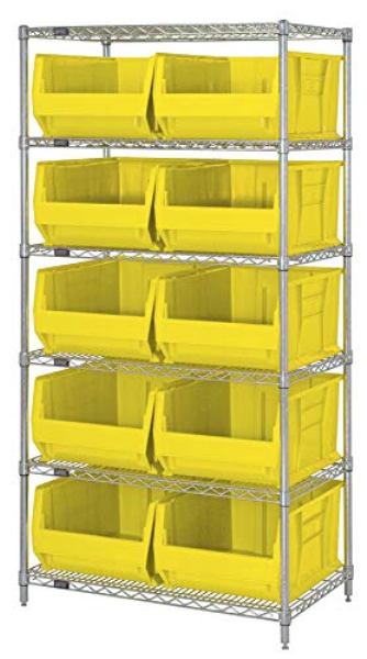 WR6-974YL Chrome Wire Shelving with 10 30 in. Bins, Yellow - 36 x 30 x 74 in.