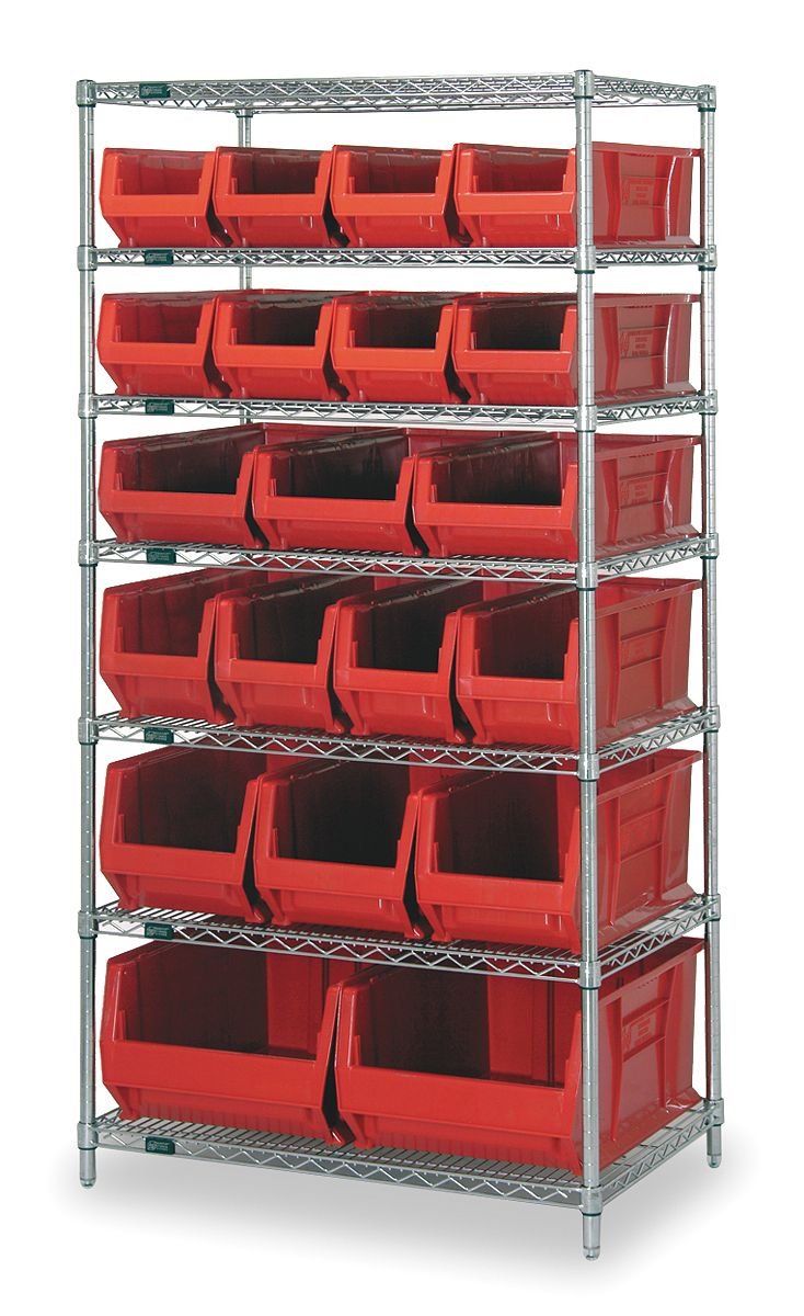 WR7-20-MIXRD Chrome Wire Shelving - Red - 36 x 24 x 74 in. - Includes 20 Bins - Heavy-Duty Design