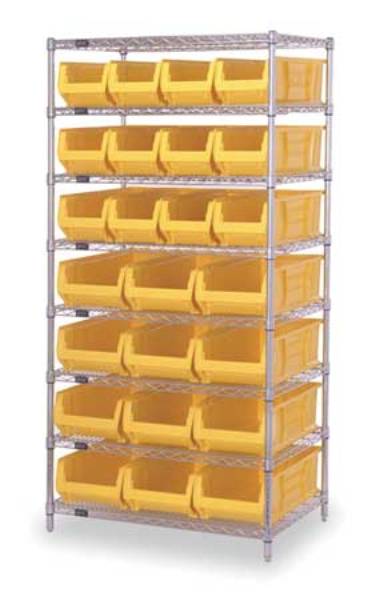 Chrome Wire Shelving with Yellow Bins - 36 x 24 x 74 in. - Heavy-Duty