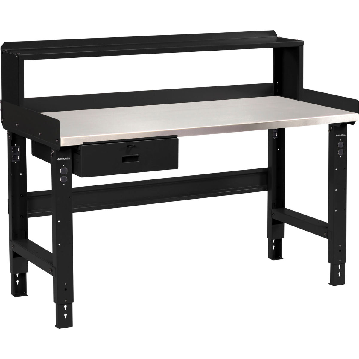 Adjustable Height Workbench with Drawer & Riser, Stainless Steel Square Top - Black - 48 x 30 in.