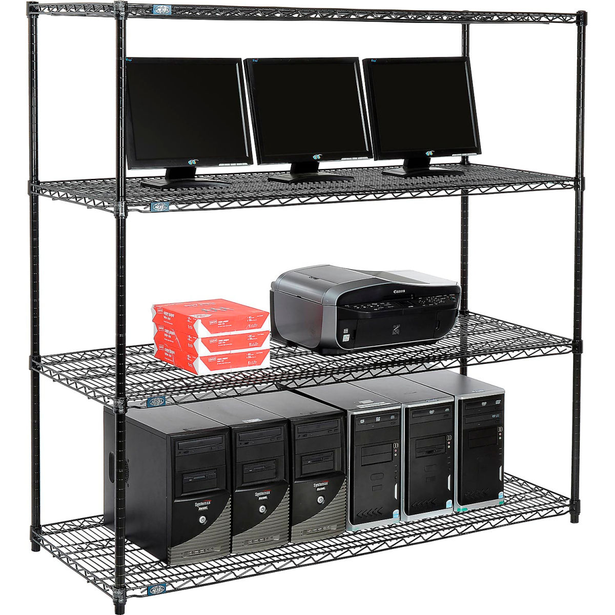 Picture of Global Industrial 695415BK Nexel 4-Shelf Wire Computer LAN Workstation&#44; Black - 60 x 24 x 63 in.