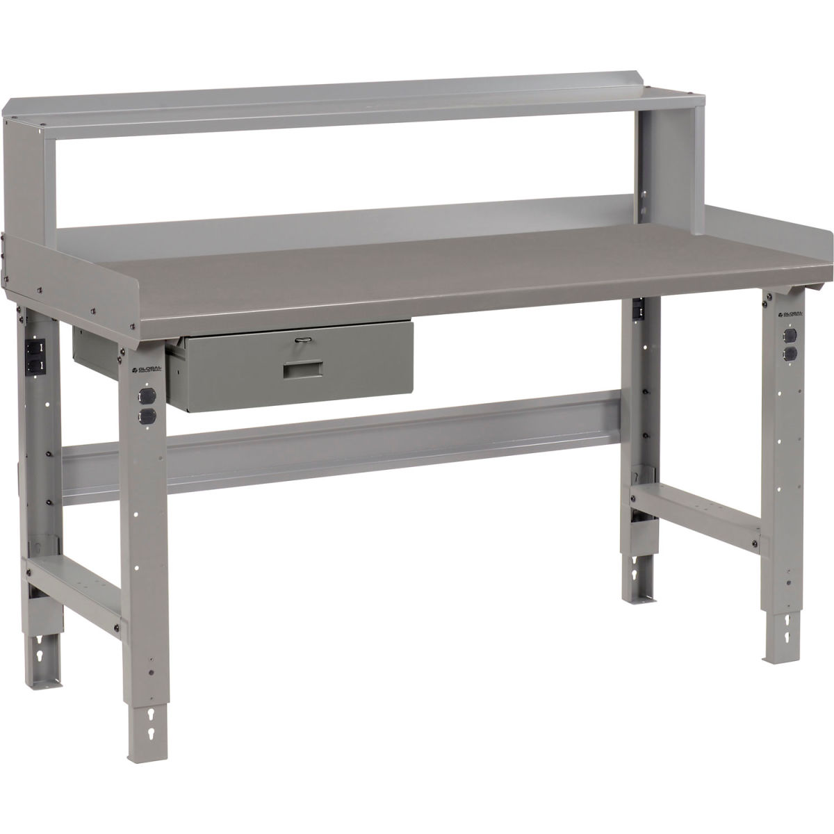 Adjustable Height Workbench with Drawer & Riser, Steel Square Edge Top - Gray - 60 x 30 in.
