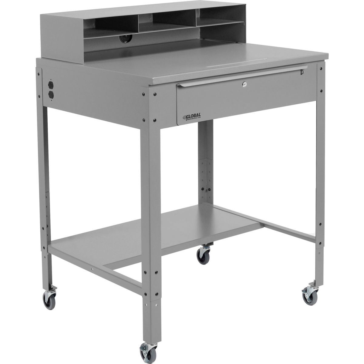 Mobile Shop Desk with Pigeonhole Riser Flat Surface - Gray - 34.5 x 30 x 38 in.