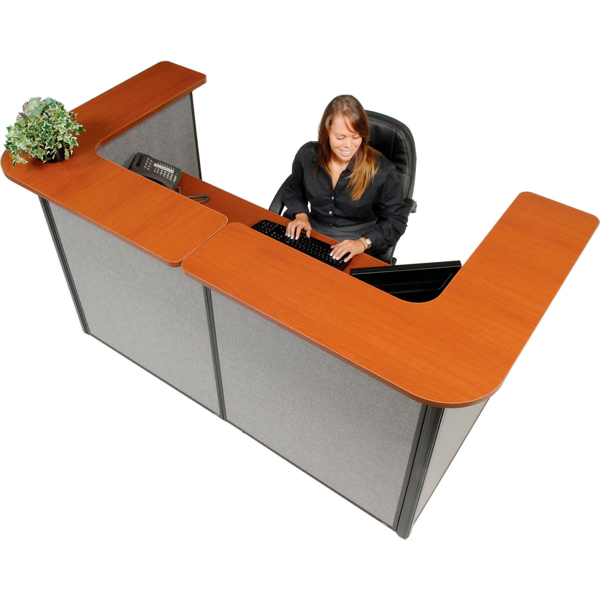 Picture of Global Industrial 3666027 Interion U-Shaped Reception Station with Cherry Counter&#44; Gray Panel - 88 x 44 x 44 in.