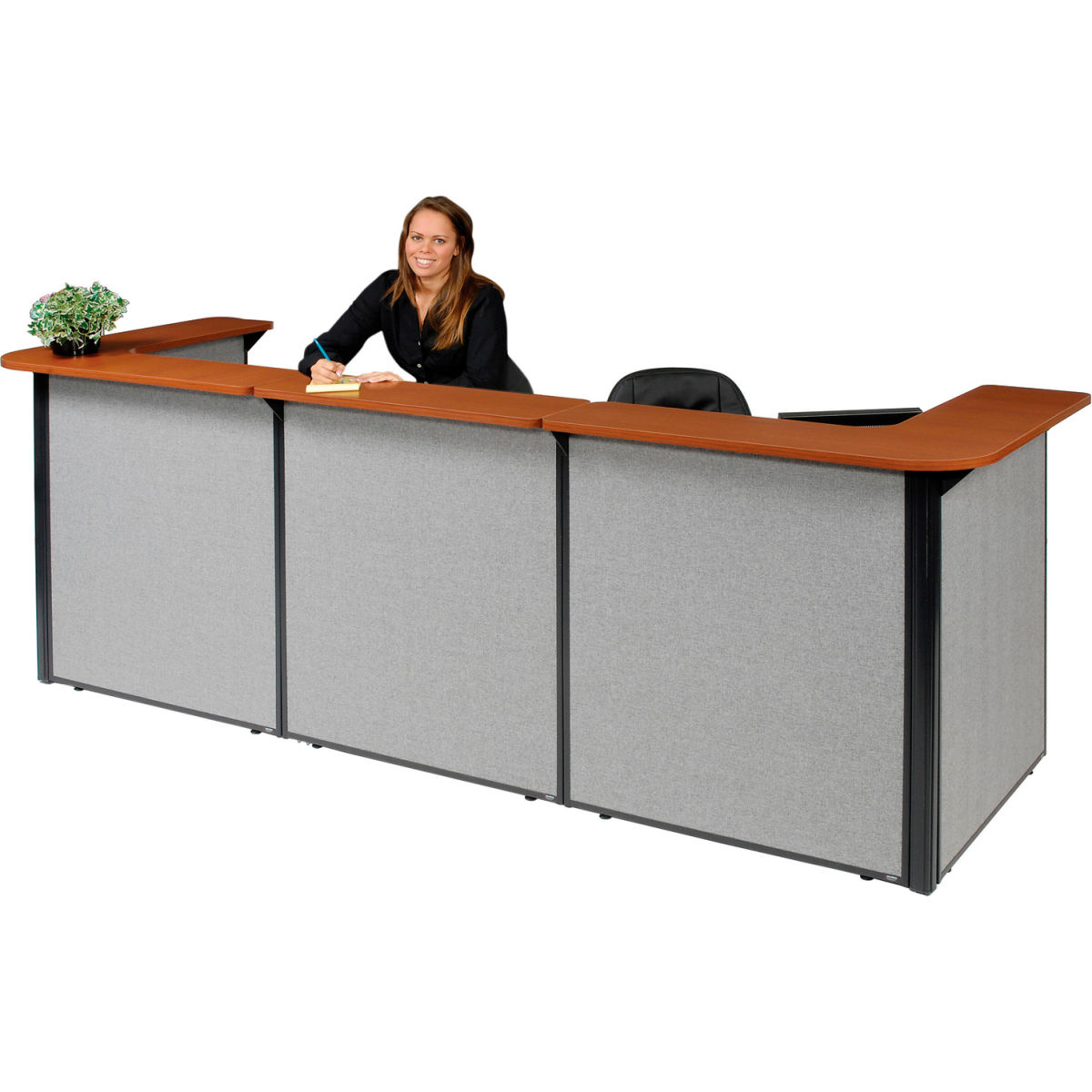 Picture of Global Industrial 3666227 Interion U-Shaped Reception Station with Cherry Counter&#44; Gray Panel - 124 x 44 x 44 in.