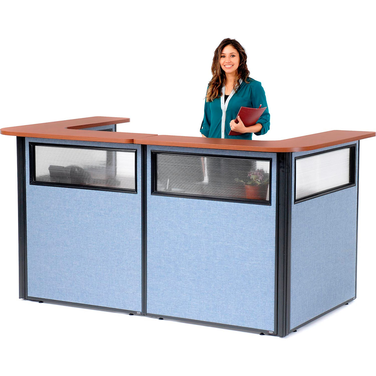 Picture of Global Industrial 3666418 Interion U-Shaped Reception Station with Window & Counter Blue Panel&#44; Cherry - 88 x 44 x 44 in.