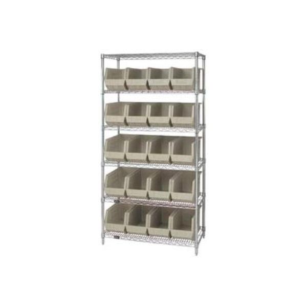 268932BG WR6-265 Chrome Wire Shelving with 20 Giant Plastic Stacking Bins, Ivory - 36 x 18 x 74 in.