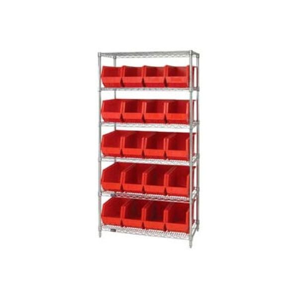 268932RD WR6-265 Chrome Wire Shelving with 20 Giant Plastic Stacking Bins, Red - 36 x 18 x 74 in.