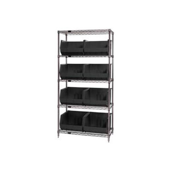 268933BK WR5-270 Chrome Wire Shelving with 8 Giant Plastic Stacking Bins, Black - 36 x 18 x 74 in.