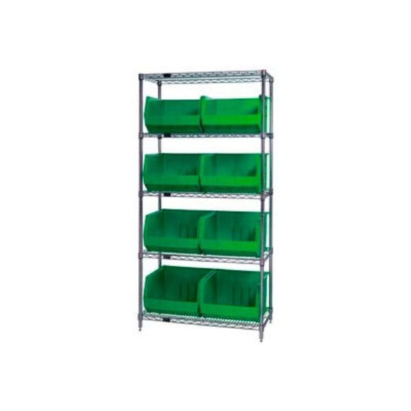 268933GN WR5-270 Chrome Wire Shelving with 8 Giant Plastic Stacking Bins, Green - 36 x 18 x 74 in.