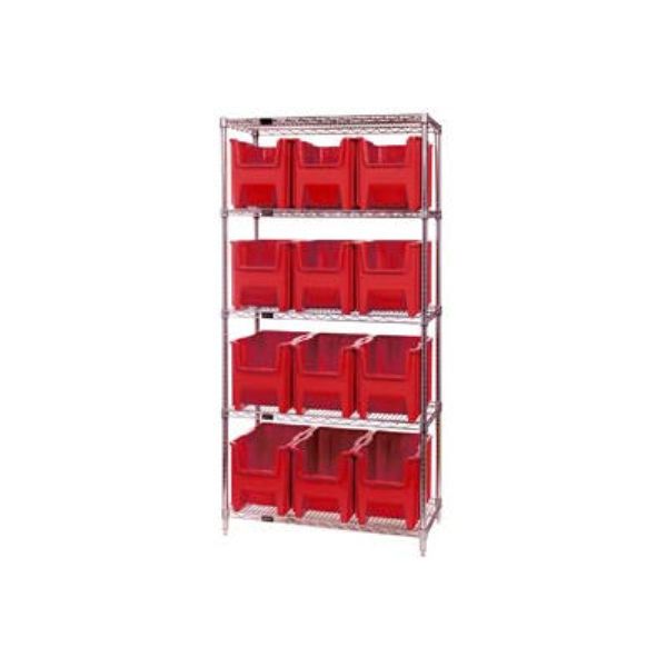 268903RD WR5-600 Chrome Wire Shelving with 12 Giant Hopper Bins, Red - 18 x 36 x 74 in.