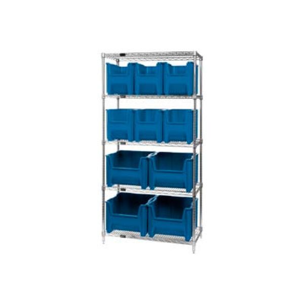 268905BL WR5-600800 Chrome Wire Shelving with 10 Giant Hopper Bins, Blue - 18 x 36 x 74 in.