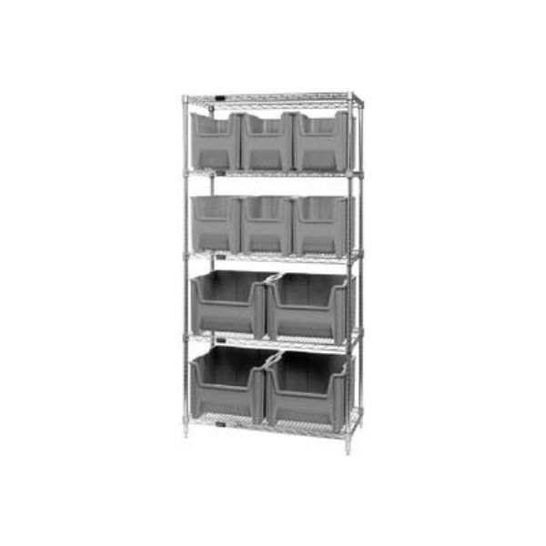 268905GY WR5-600800 Chrome Wire Shelving with 10 Giant Hopper Bins, Gray - 18 x 36 x 74 in.