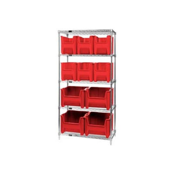 268905RD WR5-600800 Chrome Wire Shelving with 10 Giant Hopper Bins, Red - 18 x 36 x 74 in.