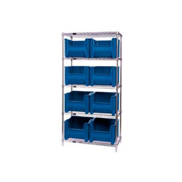 268904BL WR5-800 Chrome Wire Shelving with 8 Giant Hopper Bins, Blue - 18 x 36 x 74 in.