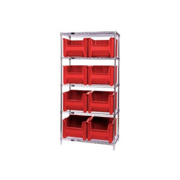 268904RD WR5-800 Chrome Wire Shelving with 8 Giant Hopper Bins, Red - 18 x 36 x 74 in.