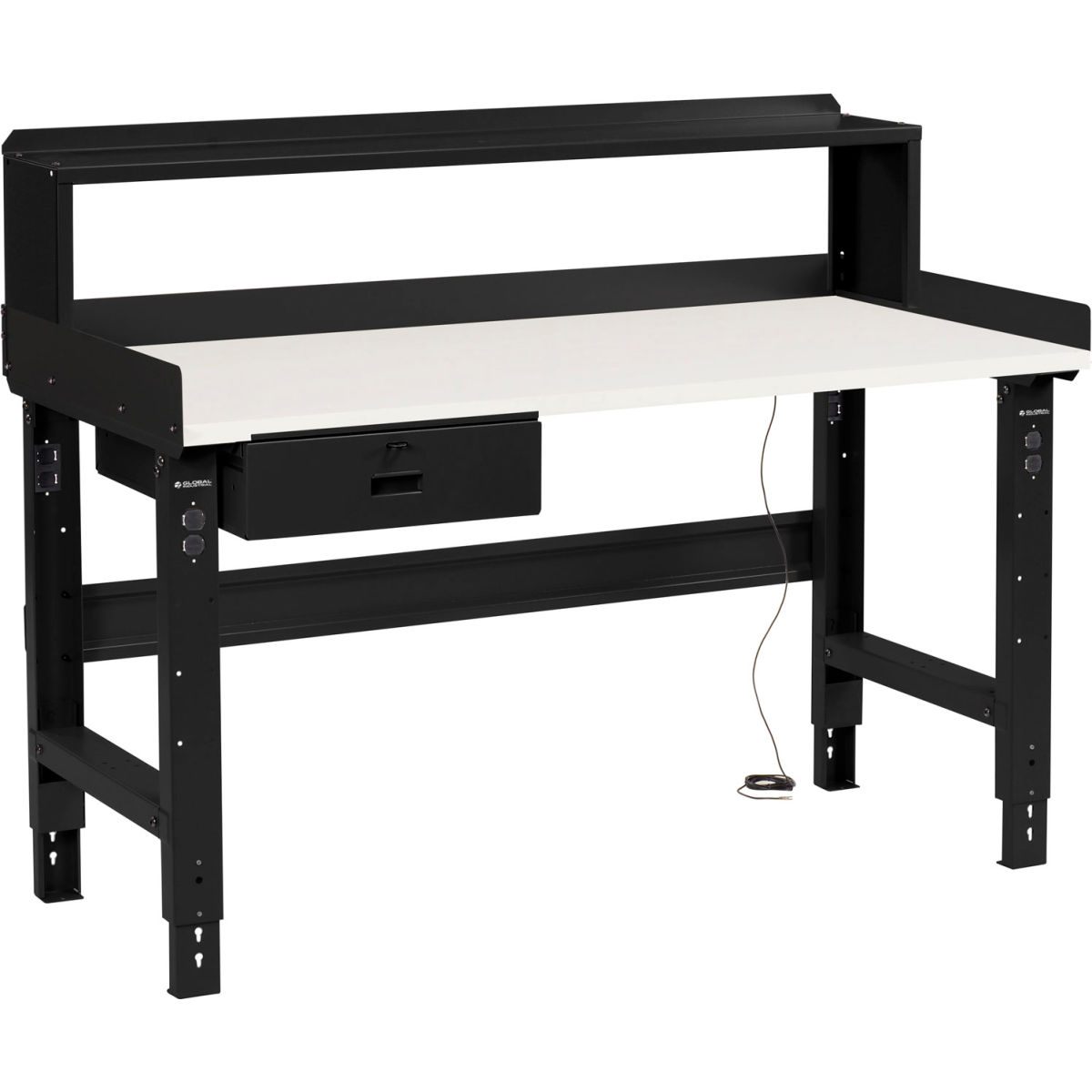 Adjustable Height Workbench with Drawer & Riser, ESD Square Edge Top - Black - 72 x 30 in.