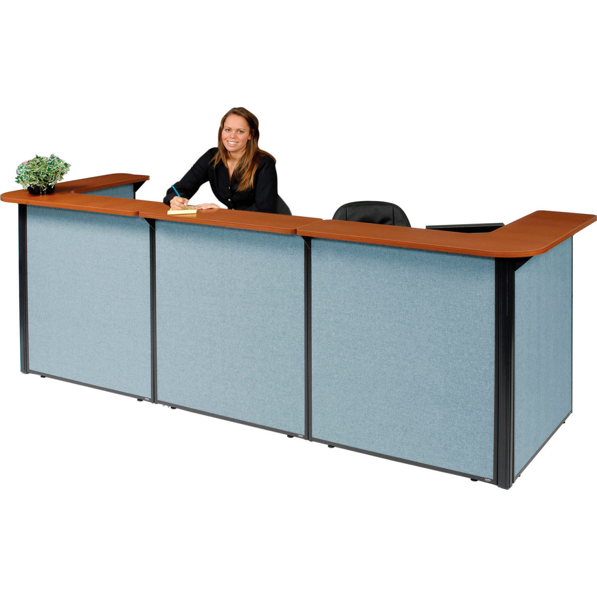 Picture of Global Industrial 3666218 Interion U-Shaped Reception Station with Cherry Counter & Blue Paneling - 124 x 44 x 44 in.