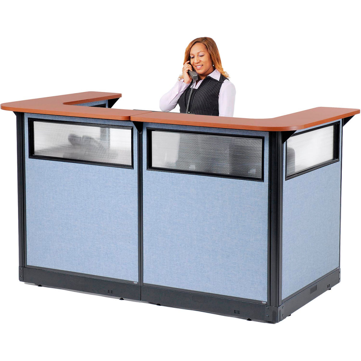 Picture of Global Industrial 3666818 Interion U-Shaped Reception Station with Window & Raceway&#44; Cherry Counter - 88 x 44 x 46 in.