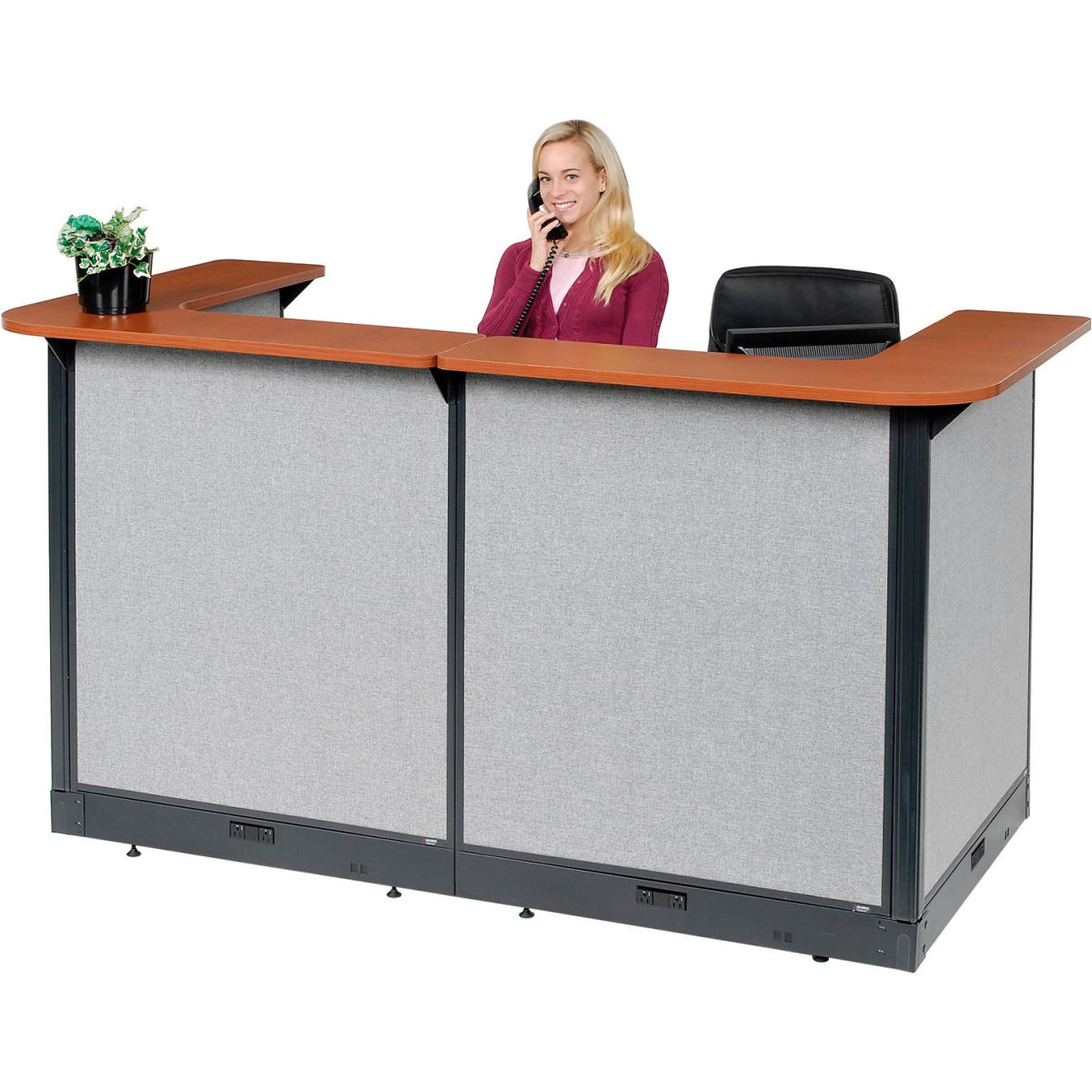 Picture of Global Industrial 3667427 Interion U-Shaped Electric Reception Station with Cherry Counter&#44; Gray Panel - 88 x 44 x 46 in.