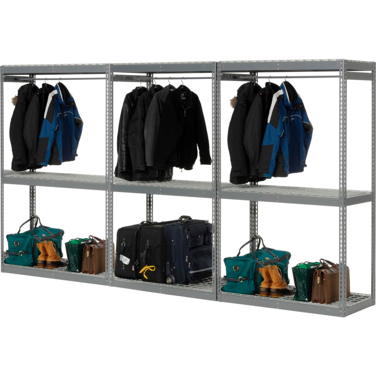 84 x 144 x 24 in. Boltless Luggage Garment Triple Rack, Gray