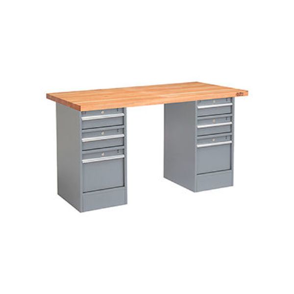 Global Industrial 607629 Pedestal Workbench with 6 Drawers, Maple Block Square Edge - Gray - 72 x 30 in.