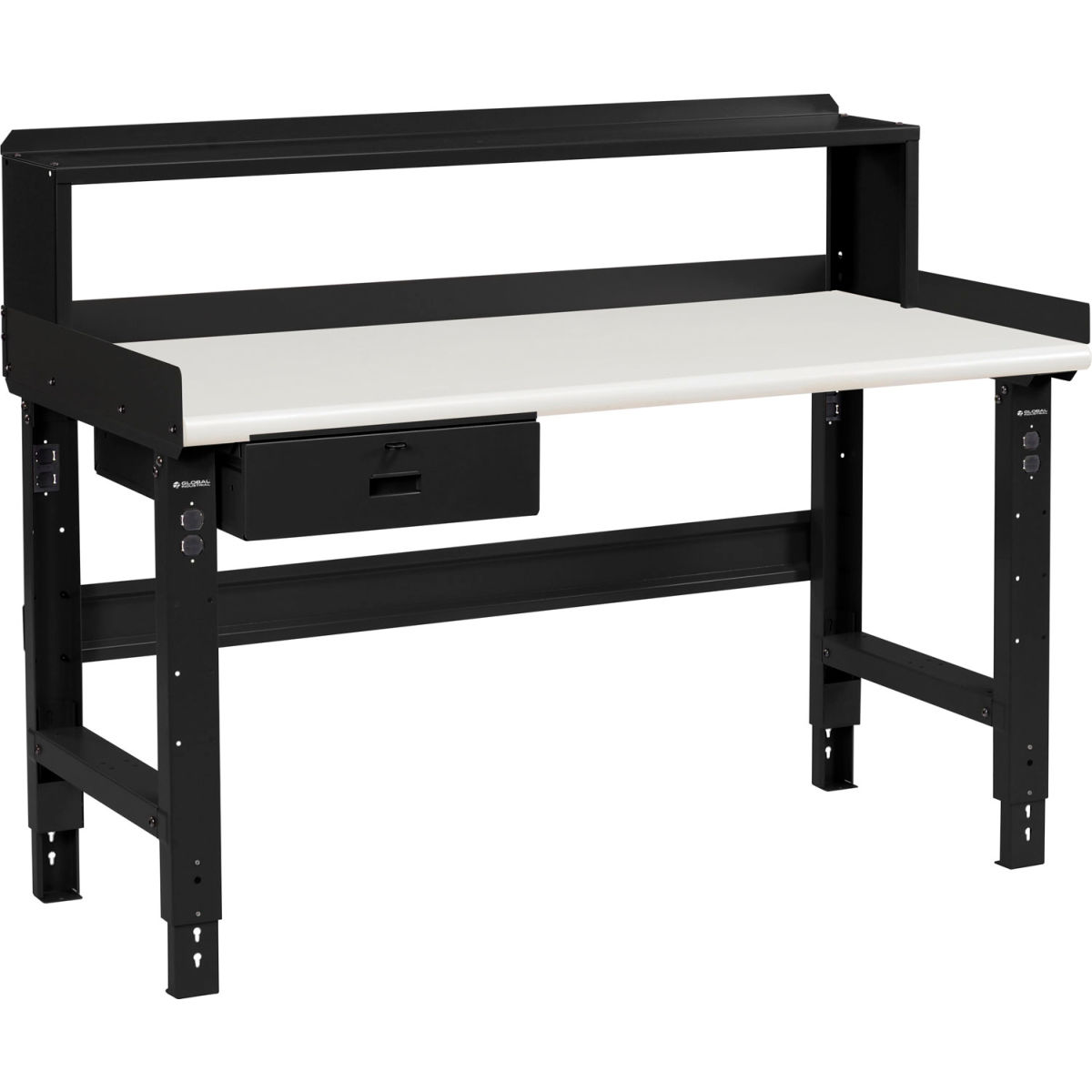 Adjustable Height Workbench with Drawer & Riser, Plastic Laminate Safety Top - Black - 72 x 30 in.