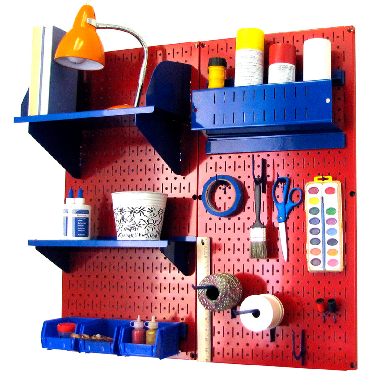 Pegboard Hobby Craft Organizer Storage Kit, Red & Blue - 32 x 32 x 9 in.
