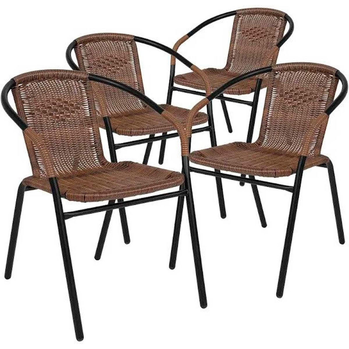 Global Industrial B2540184 Flash Furniture Medium Brown Rattan Indoor-Outdoor Restaurant Stack Chair - Pack of 4