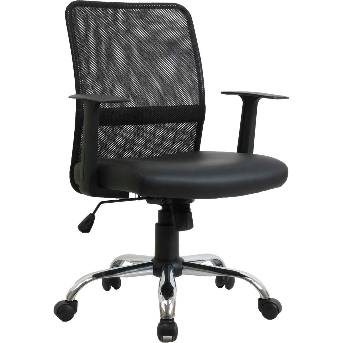 Mesh Back Leather Task Chair With Mid Back & Fixed Arms, Synthetic Leather, Black