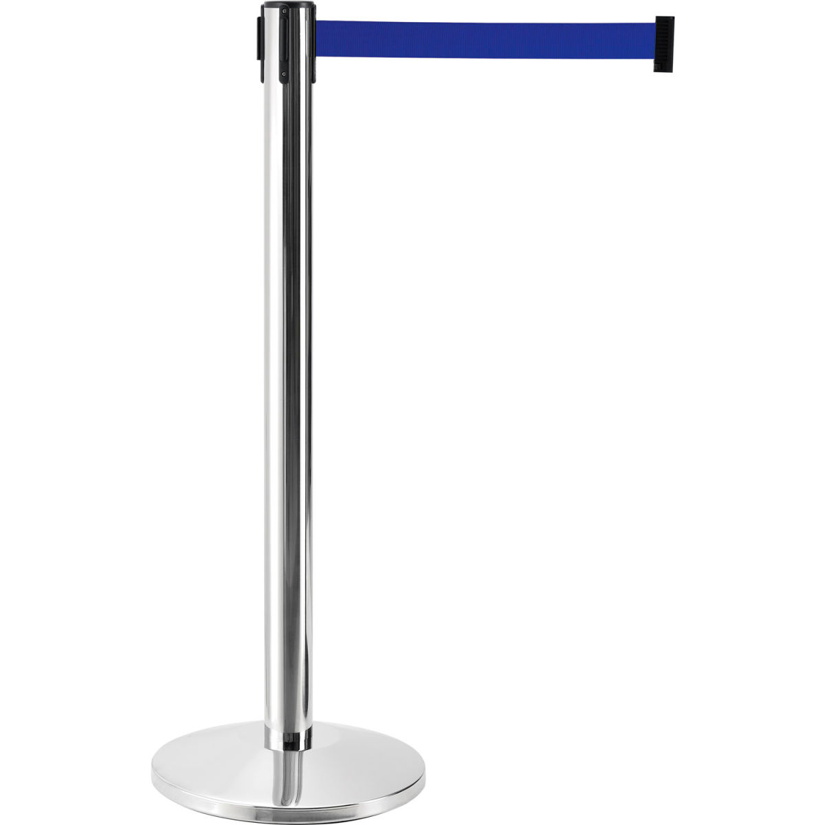 Global Industrial 708413BL Retractable Belt Barrier with 40 in. Stainless Steel Post, 7.5 ft. Blue Belt