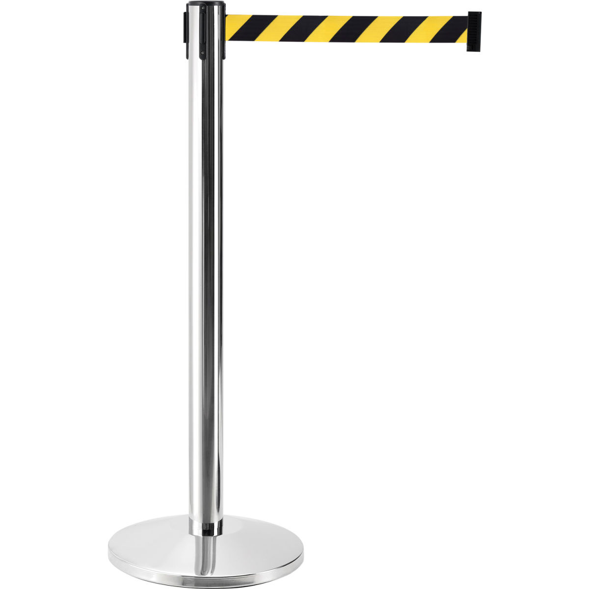 Global Industrial 708413YB Retractable Belt Barrier with 40 in. Stainless Steel Post, 7.5 ft. Black & Yellow Belt