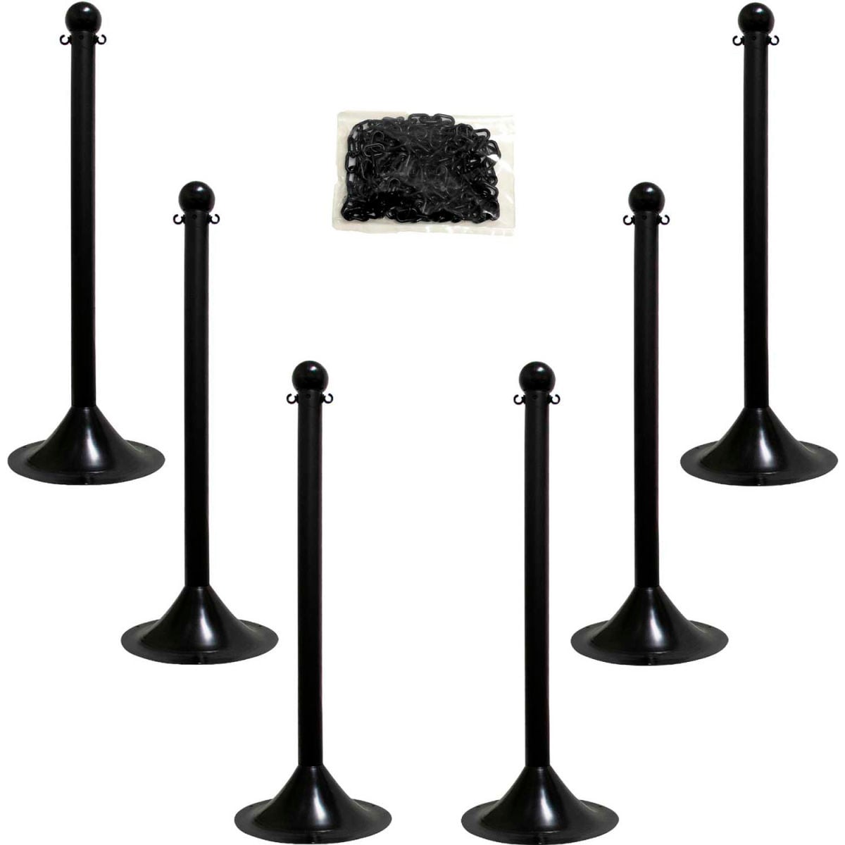 41 in. Mr. Chain Light Duty Plastic Stanchion Kit with 2 in. x 50 ft. Chain - Black - Pack of 6