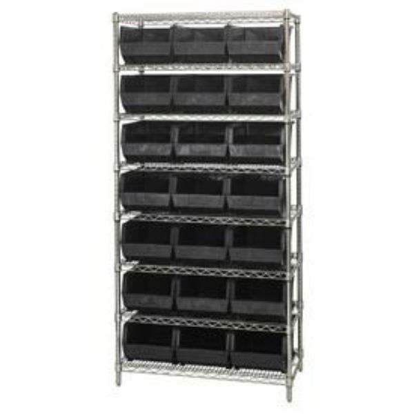 268930BK WR8-255 Chrome Wire Shelving with 21 Giant Plastic Stacking Bins, Black - 36 x 18 x 74 in.