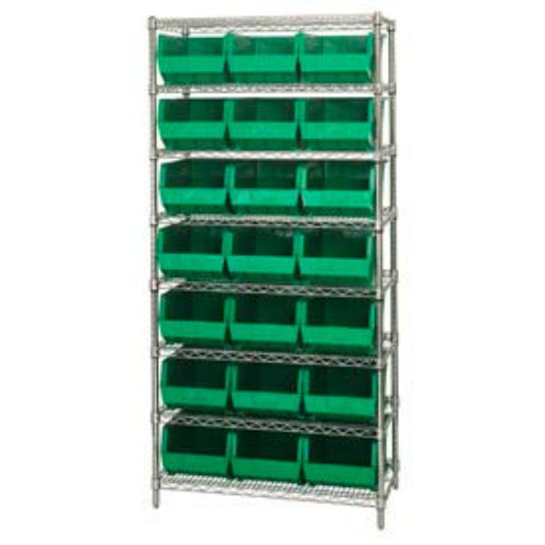 268930GN WR8-255 Chrome Wire Shelving with 21 Giant Plastic Stacking Bins, Green - 36 x 18 x 74 in.