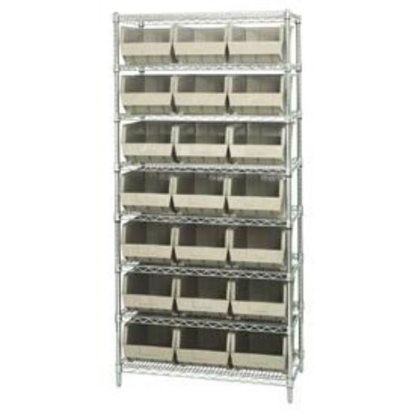 268930BG WR8-255 Chrome Wire Shelving with 21 Giant Plastic Stacking Bins, Ivory - 36 x 18 x 74 in.