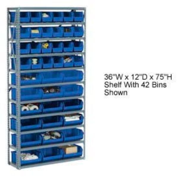 Global Industrial 603253BL Steel Open Shelving with 36 Blue Plastic Stacking Bins & 10 Shelves - 36 x 12 x 73 in.