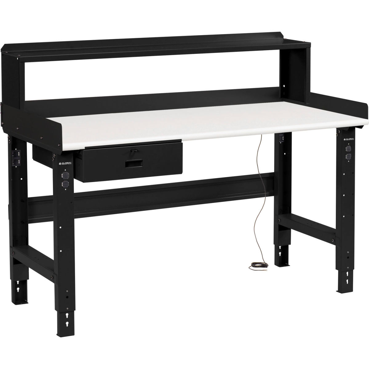 Adjustable Height Workbench with Drawer & Riser, ESD Safety Edge Top - Black - 72 x 30 in.