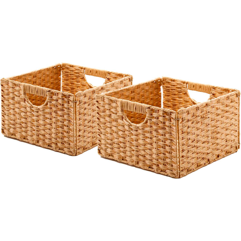 B2956063 Foldable Handwoven Cube Storage Basket, Natural & Brown - Pack of 2