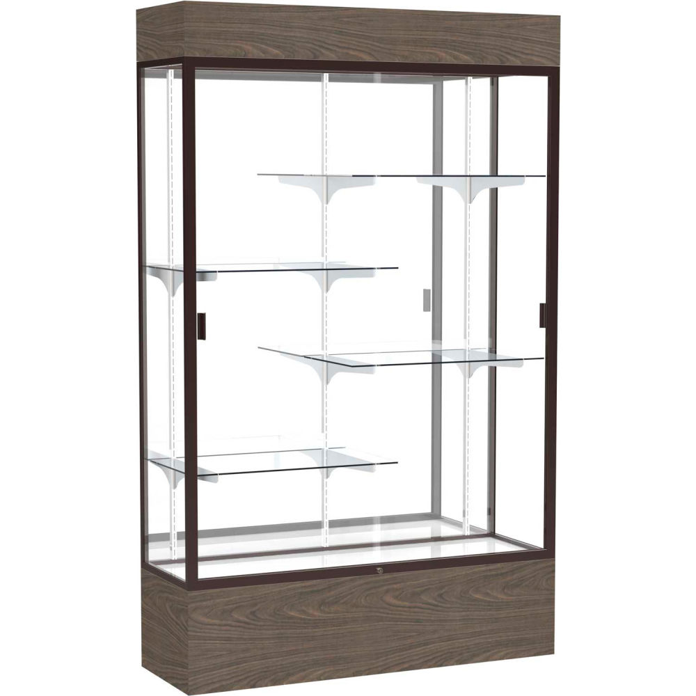 B2221350 Reliant Lighted Display Case - 48 x 80 x 16 in. Walnut Base Mirror - Back Dark Bronze Frame