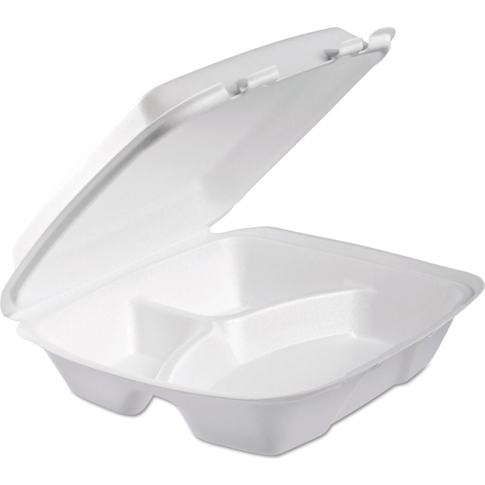 Picture of United Stationers Supply B3130980 9.38 x 9 x 3 in. Dart Foam Container with 3 Compartment & Perforated Lid, White - Pack of 200