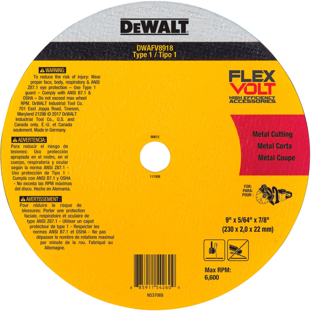 Picture of Dewalt B2428551 FLEXVOLT Cutoff Wheel Ceramic 6600 RPM Type 1 - 9 in. Dia. x 0.83 x 4 in. T x 0.87 in. - Arbor - Pack of 25