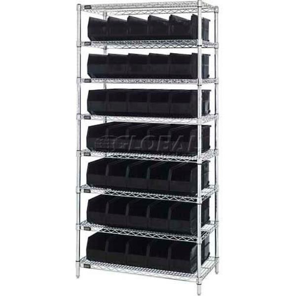 B815639 WR8-441 Chrome Wire Shelving with 35 SSB441 Stackable Shelf Bina, Black - 36 x 14 x 74 in.