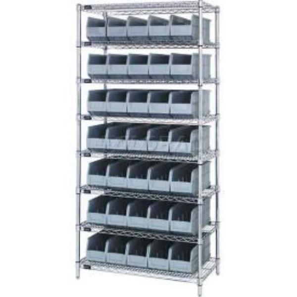 Picture of Quantum Storage Systems B815570 WR8-461 Chrome Wire Shelving with 35 SSB461 Stackable Shelf Bins&#44; Gray - 36 x 18 x 74 in.